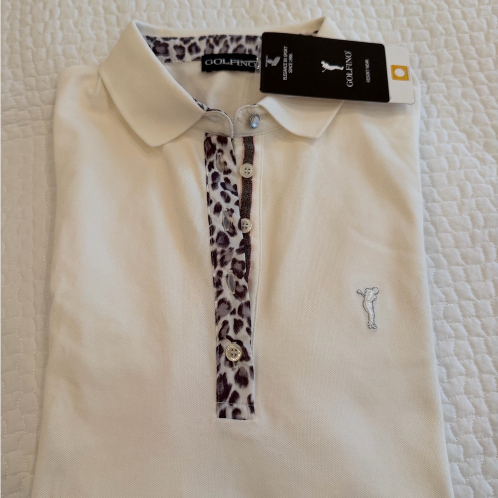 NWT Golfino White Polo Shirt with Leopard Trim Size 10